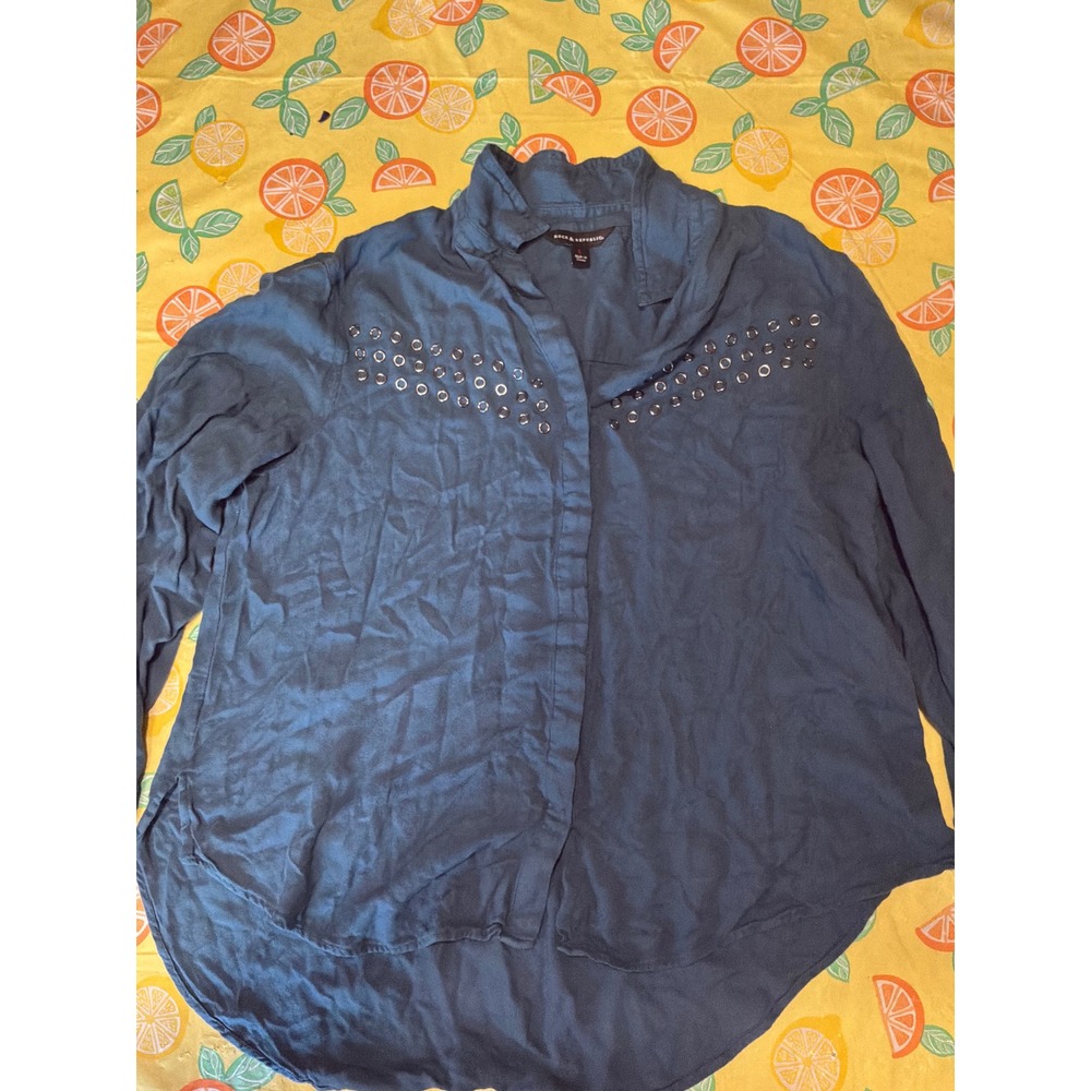 Edgy Women Rock & Republic‎ Studded Grommet Blouse Large Teal Blue